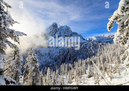 Le soleil illumine le paysage de neige et Sass de Putia en arrière-plan, le Passo delle Erbe, Funes, vallée du Tyrol du Sud, Italie Banque D'Images