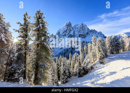 Le soleil illumine le paysage de neige et Sass de Putia en arrière-plan, le Passo delle Erbe, Funes, vallée du Tyrol du Sud, Italie Banque D'Images