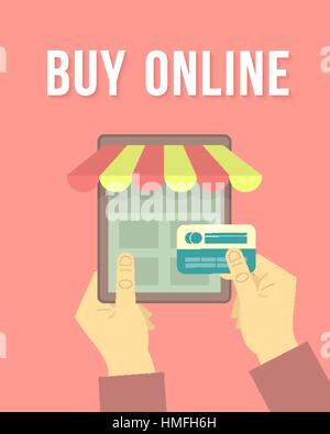 Une télévision moderne vector illustration conceptuelle d'un paiement en ligne dans le magasin d'Internet par une carte de crédit à l'aide d'une tablette. Concept de l'e-commerce et en ligne Illustration de Vecteur