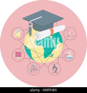 Illustration conceptuelle de l'enseignement universitaire internationale avec un globe, graduation cap et les symboles des diverses sciences Illustration de Vecteur