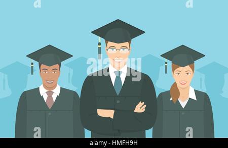 Télévision moderne horizontal vecteur illustration d'un groupe de jeunes multiraciale baccalauréat Études supérieures, dans l'obtention du diplôme robes mortarboards. Educ Illustration de Vecteur