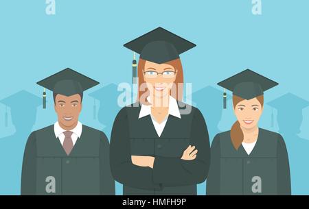Télévision moderne horizontal vecteur illustration d'un groupe de jeunes multiraciale baccalauréat Études supérieures, dans l'obtention du diplôme robes mortarboards. Educ Illustration de Vecteur