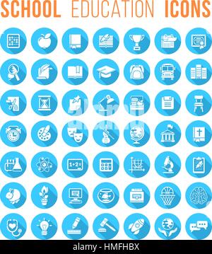 Ensemble de rond plat bleu silhouette monochrome icônes vectorielles de matières scolaires, l'éducation et de la science des symboles. Illustration de Vecteur