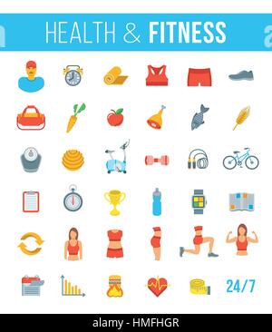 Salle de fitness et d'un style de vie sain télévision vector icons. Le régime alimentaire la nutrition, l'élaboration d'entraînement, matériel de remise en forme, personal trainer, vêtements de sport infographie elemen Illustration de Vecteur