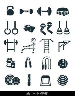 L'haltérophilie télévision vector icons set. Exercices de musculation des pictogrammes de l'équipement. Levage de poids des objets de formation. Séance de gym de dynamophilie éléments. Illustration de Vecteur
