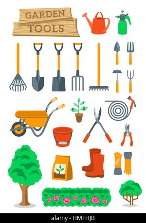 Le jardinage et les instruments et outils agricoles télévision vector icons set. Caricature de l'agriculture éléments infographique et équipement de culture Plantes hobby Illustration de Vecteur