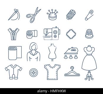 Icônes de couture télévision fine ligne vector set. Aperçu des outils et accessoires pour la couture et la couture. Vêtements fait main linéaire atelier des symboles. Dressmake Illustration de Vecteur