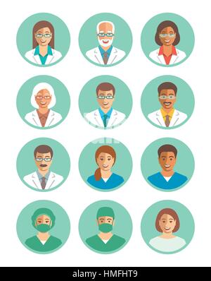 Le personnel de l'hôpital télévision images vectorielles simples avatars. Les médecins et les travailleurs. Chirurgien, médecin, assistant, patient. Les hommes et les femmes, les jeunes et les cadres supérieurs. Cute Illustration de Vecteur