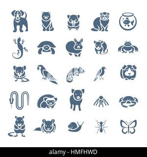 Animaux Les animaux de compagnie télévision vecteur silhouette icons set. Pictogrammes monochromes de divers animaux domestiques. Les mammifères, amphibiens, rongeurs, insectes, oiseaux, reptil Illustration de Vecteur
