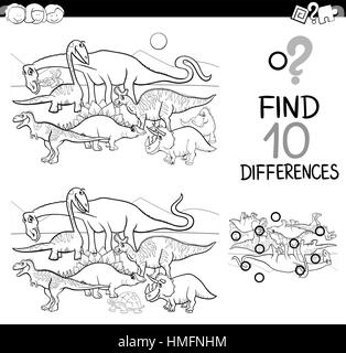 Cartoon noir et blanc Illustration de la recherche de différences pour les enfants d'activités éducatives avec des petits caractères animaux dinosaure Coloriage Illustration de Vecteur
