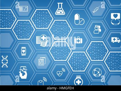 E-healthcare électronique vector background bleu avec des formes hexagonales Illustration de Vecteur