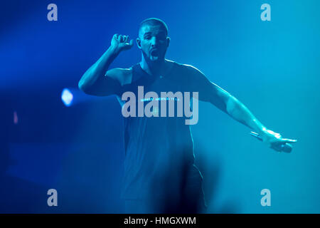 Londres, Royaume-Uni. 09Th Feb 2017. Londres, Angleterre. Drake, effectue le boy meets world tour à l'O2 Arena, l'Angleterre. Crédit : Jason Richardson/Alamy Live News Banque D'Images