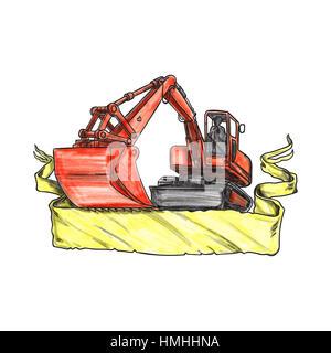 Illustration d'un style de tatouage mechanical digger excavator génie civil avec chauffeur vu de l'ensemble de l'angle faible isolées sur fond blanc avec ruban. Banque D'Images