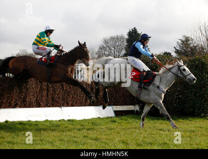 L'or gris monté par Jamie Moore mène Bold Henry monté par Barry Geraghty au cours de la dernière barrière avant de gagner le 'Betfred Treble Chance sur Lucky 15s' Handicap Steeple Chase course pendant la journée à Betfred Hippodrome Sandown Park. Banque D'Images