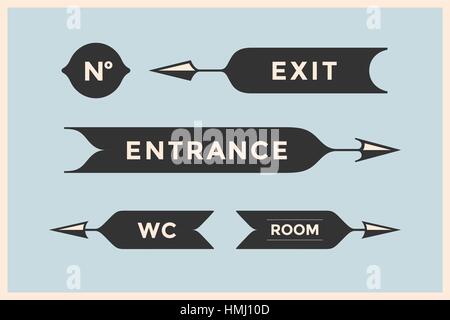 Jeu de flèches vintage et des bannières avec l'inscription Entrée, Sortie, chambre, WC Illustration de Vecteur