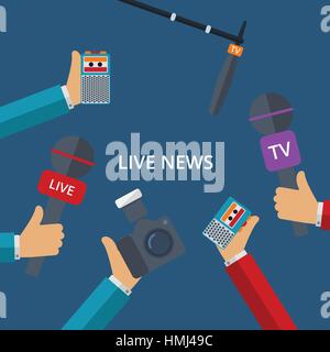 Vector illustration of live news. Mains avec microphones , magnétoscopes , Appareil photo. Illustration de Vecteur