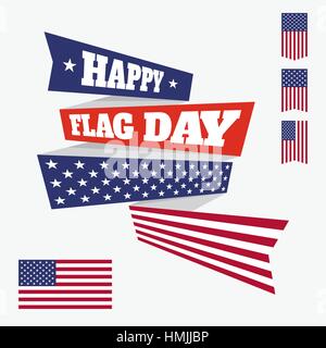 Badge de jour drapeau américain, bannières et rubans isolés sur fond clair. Citation de Happy Flag Day 14 juin. Drapeau américain et ensemble d'éléments de design. Illustration de Vecteur