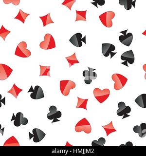 Cartes de jeu correspond à une tendance. Placé au hasard coeur, diamond club, chat sur fond blanc. Répéter le jeu de texture. Illustration de Vecteur