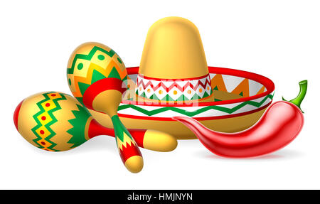 Un sombrero mexicain hat, red chili pepper shakers maracas et illustration Banque D'Images