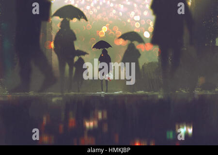 Homme avec fleurs bouquet holding umbrella seule dans une foule de personnes qui traversent la rue à une nuit pluvieuse,illustration peinture Banque D'Images