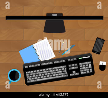 Vue de dessus de table de travail. Le travail de bureau bureau et téléphone mobile. Vector illustration Banque D'Images