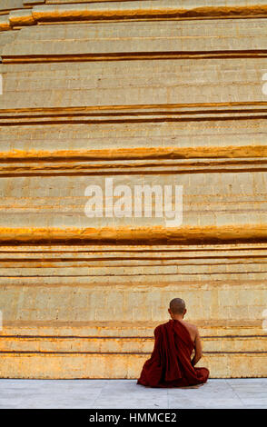 Moine en prière, la pagode Shwedagon à Yangon, Myanmar (Birmanie) Banque D'Images