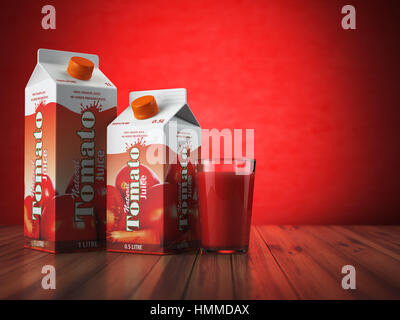 Jus de tomate boîte de carton carton pack avec verre sur fond rouge. Illustartion 3d Banque D'Images