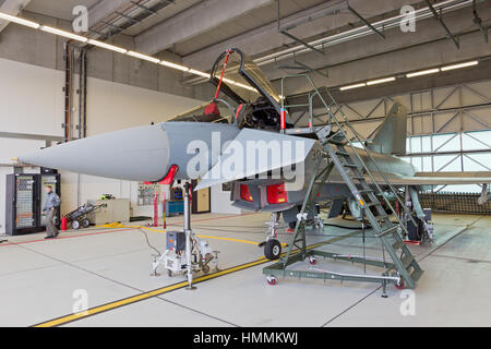 LAAGE, ALLEMAGNE - 23 août 2014 : un Allemand Air Force Eurofighter Typhoon parqué dans un abri pendant la journée portes ouvertes de la base aérienne de Laage. L'avion fait partie de Banque D'Images