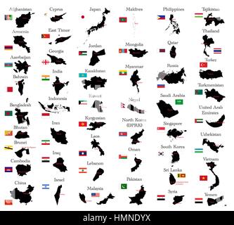 Pays d'Asie avec des bordures, drapeaux et capitales Illustration de Vecteur