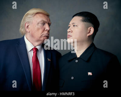 Le président Donald Trump et sosie dirigeant suprême de la Corée du Nord Kim Jong-Un shoot portrait sosie. Une histoire d'amour improbable de deux dictateurs. Banque D'Images