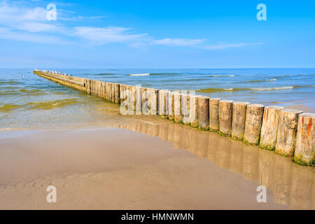 Les brise-lames sur la plage de sable de la mer Baltique, Leba, Pologne Banque D'Images