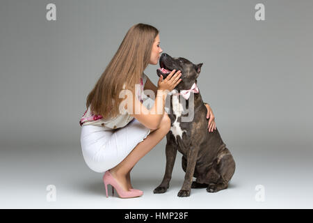 Belle fille avec Stafford Terrier gris Banque D'Images