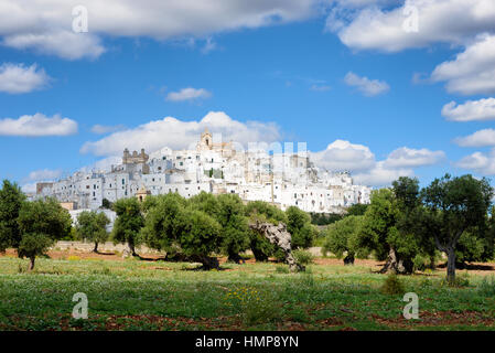 Paysage dans les Pouilles, en Italie, avec la ville blanche (citta bianca Ostuni) sur une colline au-dessus d'un olivier verger sous un ciel nuageux. Banque D'Images