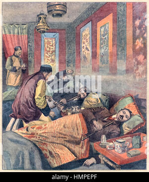 'Fumer l'opium en France avant' illustration de couverture d'un opium den en France de 'Le Petit Parisien' 1907 Discuter de la montée de fumer l'opium en France et à l'ouverture des tanières dans des villes portuaires. Particulièrement préoccupant est le nombre croissant de militaires revenant d'Indochine française accro à l'opium alimente la demande en France métropolitaine. En octobre 1908 un strict contrôle sur la vente et l'utilisation d'opium ont été introduites. Voir la description pour plus d'informations. Banque D'Images