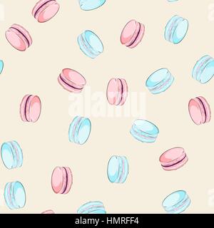 Avec des macarons sucrés français. De délicieux desserts sur l'arrière-plan de couleur pastel. Peut être utilisé dans l'industrie alimentaire pour les fonds d'écran, affiches, papier d'emballage Illustration de Vecteur