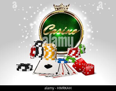 Casino ronde cadre doré avec couronne, pile de jetons de poker, cartes de ace et dés rouges sur fond vert. L'emblème du club en ligne Illustration de Vecteur