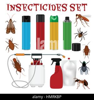 Ensemble avec des mesures antiparasitaires moustique ant fly répulsif insecticide cafard et isolé sur fond blanc vector illustration Illustration de Vecteur