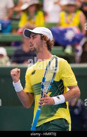 Melbourne, Australie. Feb, 2017 5. La Jordanie Thompson de l'Australie réagit pendant le match du tournoi contre Jan Satral de République tchèque lors de la Coupe Davis Groupe mondial de premier tour entre l'Australie et la République tchèque à Kooyong Lawn Tennis Club à Melbourne, Australie, le 5 février 2017. Thompson a gagné 2-0. L'Australie a battu 4-1 par la République tchèque. Credit : Bai Xue/Xinhua/Alamy Live News Banque D'Images