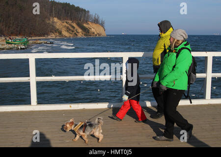 Gdynia, Pologne 5 Février 2017 Les gens profiter du beau mais très froid à Gdynia, marche à pied et de l'Orlowo Pier près du Orlowski falaise au côte de la mer Baltique. Jeune couple avec chien Yorkshire Terrier sont vus Banque D'Images