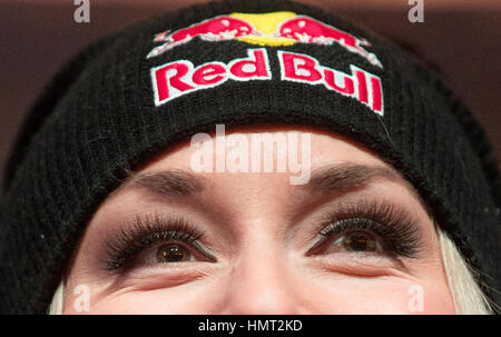 Saint-Moritz, Suisse. Feb, 2017 5. Lindsey Vonn de l'US Ski Team lors d'un sport Conférence de presse concernant la série TV 'Chasing History', une documentation de la vie et la formation de Lindsey Vonn à Saint-Moritz, Suisse, le 5 février 2017. Photo : Michael Kappeler/dpa/Alamy Live News Banque D'Images