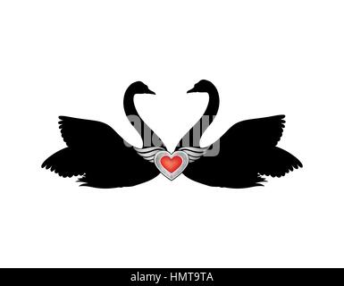 Oiseaux en amour avec coeur rouge ailé décoration. couple de cygnes silhouette. deux coeurs amour concept illustration. bon pour le mariage, la St Valentin greet Illustration de Vecteur