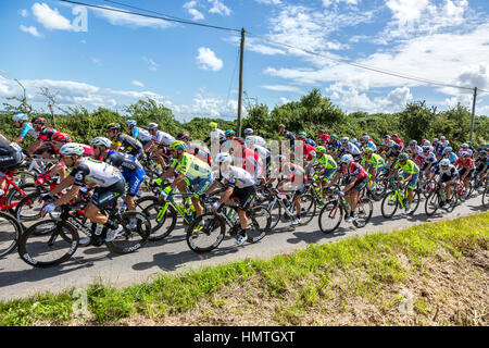 Quineville,France- 2 juillet 2016 : Le cycliste mannois Mark Cavendish de l'équipe de Dimension Data équitation dans le pack pendant la première étape du Tour de France Banque D'Images