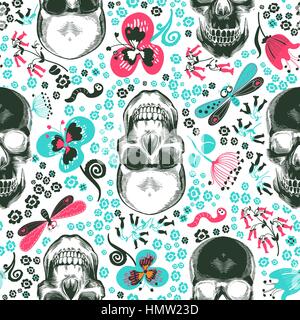 Transparente avec motif floral des crânes humains monochrome dans le style gravure sur bois et mignon fleurs décoratives et d'insectes sur l'arrière-plan. Vector illustration pour papier peint, impression textile, papier d'emballage Illustration de Vecteur