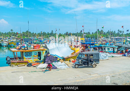 MIRISSA, SRI LANKA - 3 décembre 2016 : le pêcheur répare le net au port de pêche, le 3 décembre à Mirissa. Banque D'Images