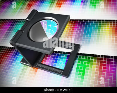 Loupe d'impression sur des couleurs. 3D illustration. Banque D'Images