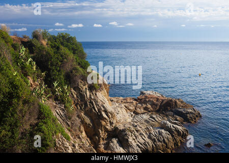 Falaise à Costa Brava, Mer Méditerranée (côte de la Mer des Baléares) à Lloret de Mar, Catalogne, Espagne Banque D'Images