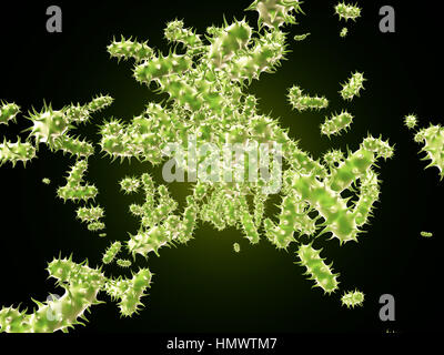 De nombreux virus pathogènes. Sur un fond de couleur vert foncé. 3D render Banque D'Images