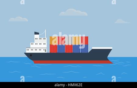Conteneurs Cargo transporte des conteneurs dans l'océan bleu. Télévision couleur et style solide vector illustration Illustration de Vecteur