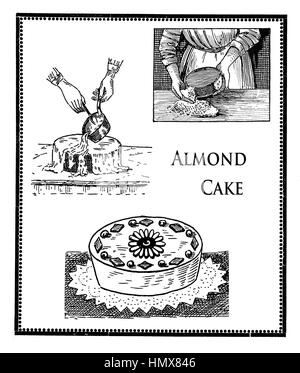 Cuisine Vintage gravure, dessert délicieux gâteau aux amandes présentation : Banque D'Images