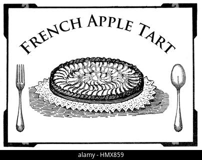 Cuisine Vintage art déco, gravure présentation dessert : tarte aux pommes Française Banque D'Images